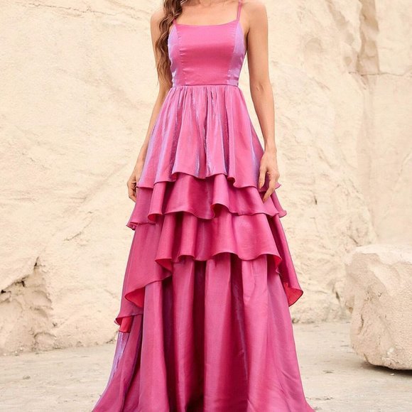 Rose Red Party Womens Layer Hem Chiffon Cami Dress - Picture 2 of 5